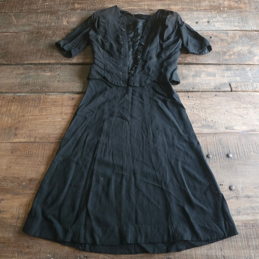 Vintage 1930s Black Crepe Two Piece Dress Set Bolero Jacket Art Deco AS IS 30s